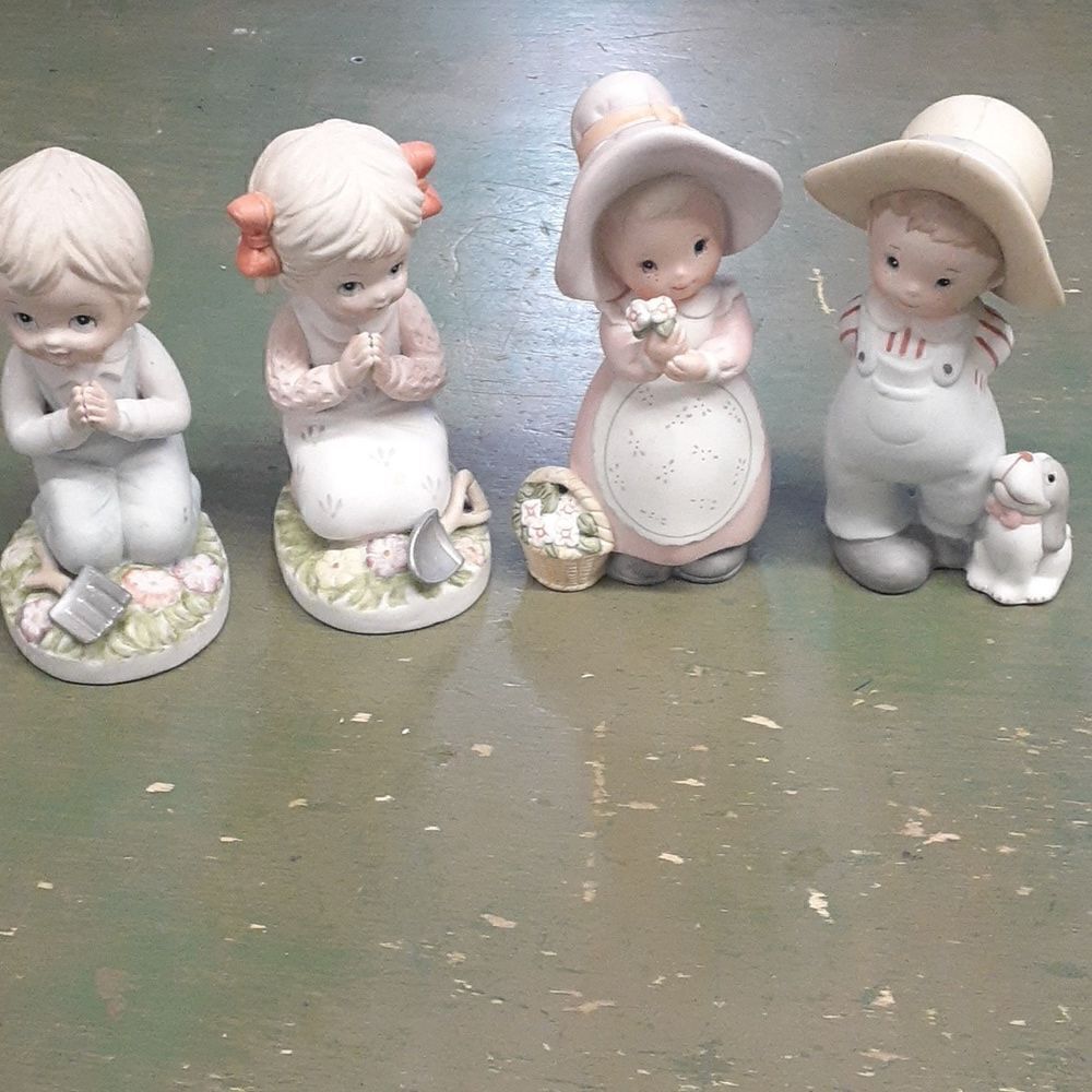 Vintage 4 pc set Homco boy with puppy, girl with flowers plus gardening pair